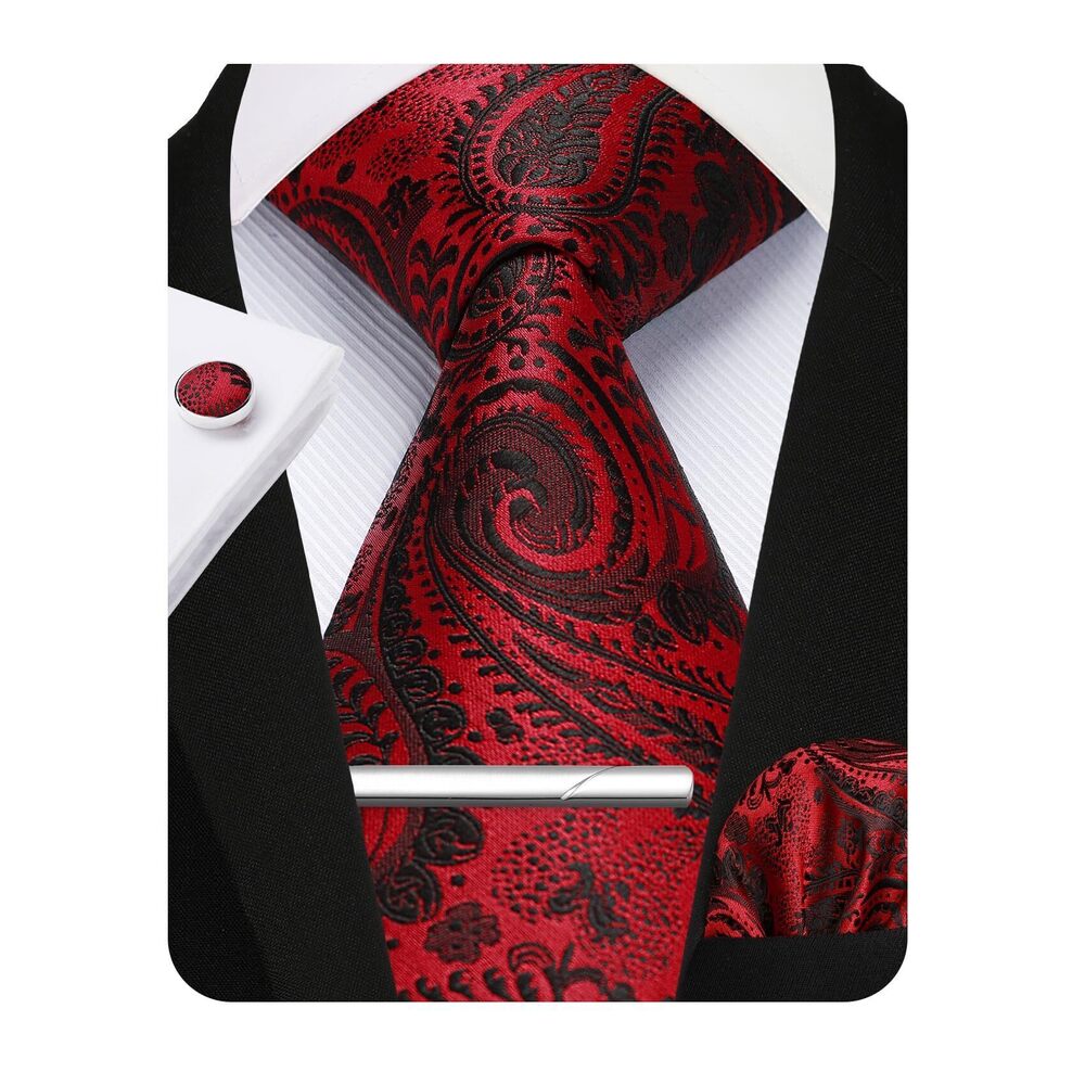 4538 Red Tie Paisley Ties Silk Necktie with Pocket Square Cufflinks Tie
